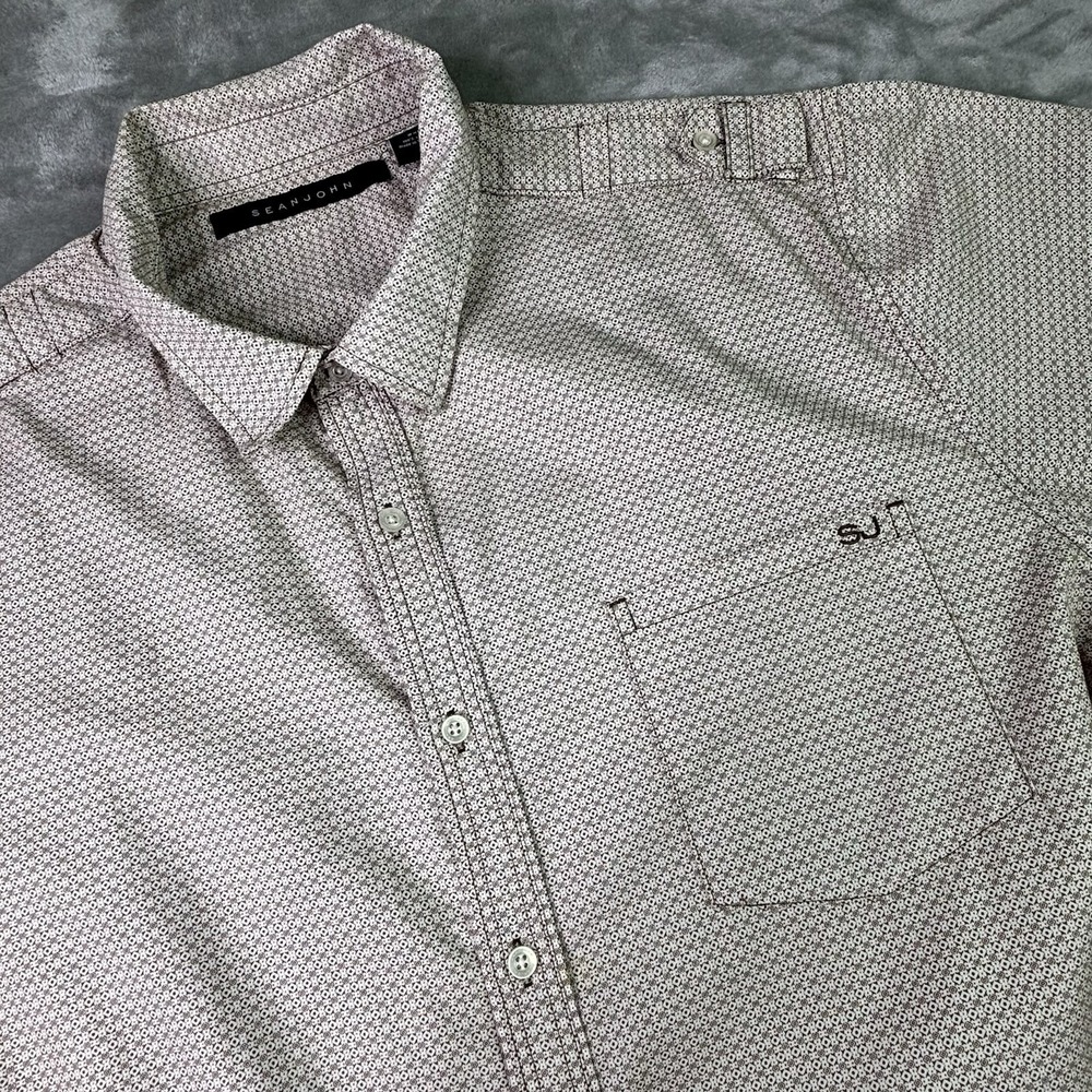 Sean John Men's 3XL Button Shirt Short Sleeve  Geometric Pocket Tan White Cotton